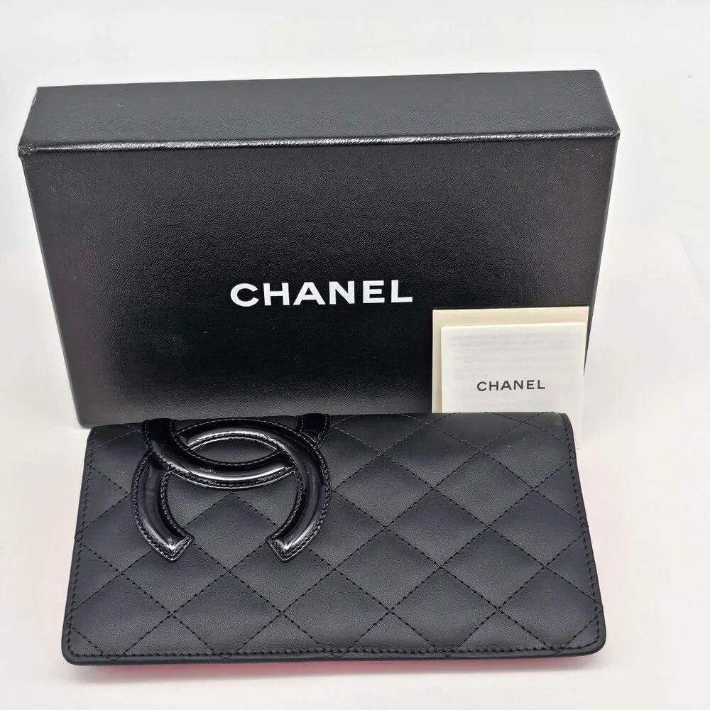 CHANEL Cambon Black Pink Lambskin Long Wallet 385-043025